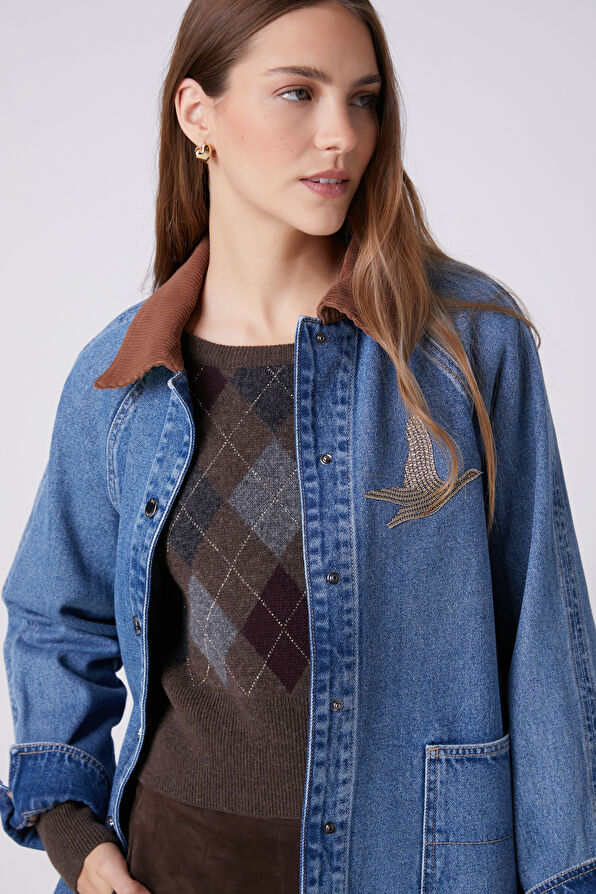 Beymen Club Blue Corduroy Collar Denim Shirt - 2