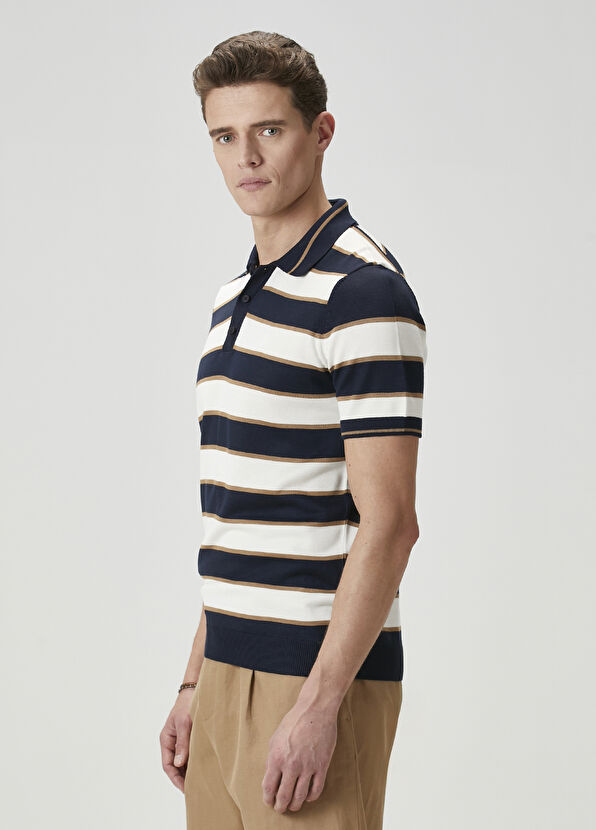 Beymen Club Lacivert Polo Yaka Çizgili Kısa Kollu Triko - 4