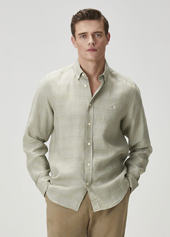 Beymen Club Comfort Fit Light Khaki Plaid Pattern Linen Shirt - 1