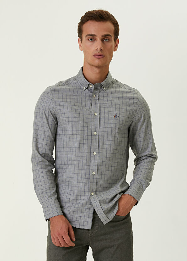 Beymen Club Slim Fit Gri Mavi Kontrast Çizgili Ekoseli Gömlek - 1
