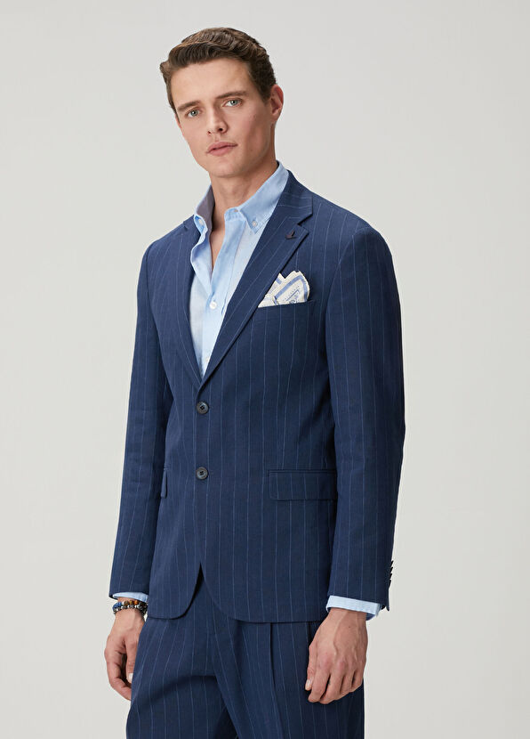 Beymen Club Navy Blue Striped Patterned Linen Suit - 4