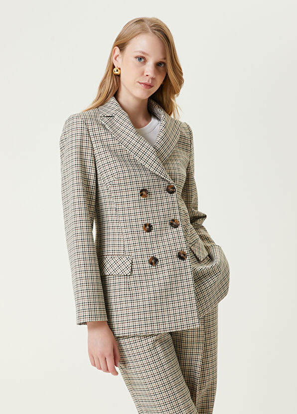 Beymen Club Beige Houndstooth Double-Breasted Blazer - 1
