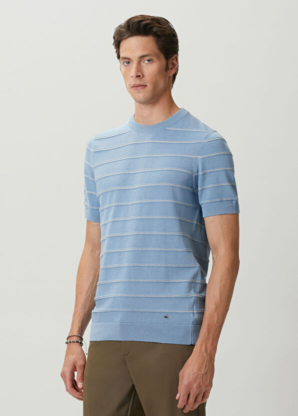 Beymen Club Blue Embossed Stripe Textured Short Sleeve Sweater - 4