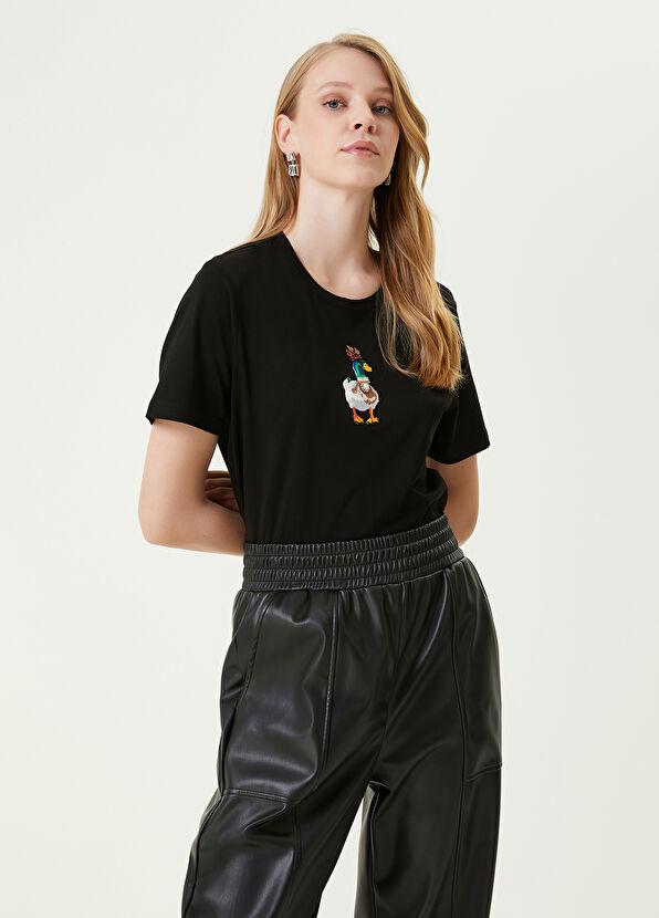 Beymen Club Siyah Bisiklet Yaka Nakışlı T-shirt - 1