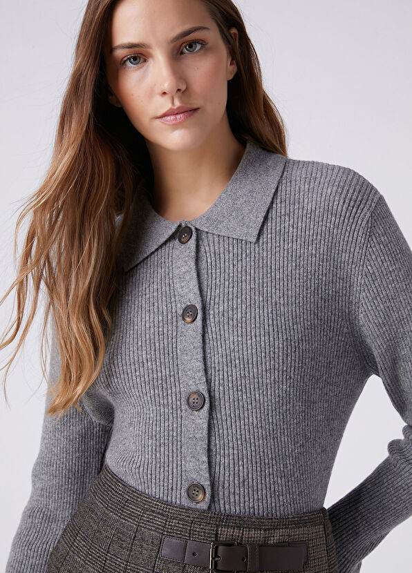 Beymen Club Grey Mélange Wool Polo Cardigan - 2