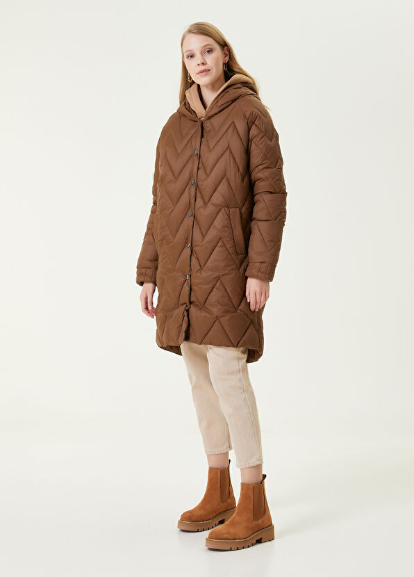 Beymen Club Camel Hooded Quilted Long Coat - 4