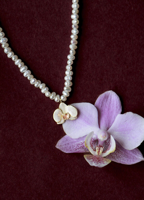 Allegoria Jewelry Orchid White Enamel 925 Sterling Silver 24K Gold Plated Women's Pearl Necklace - 2