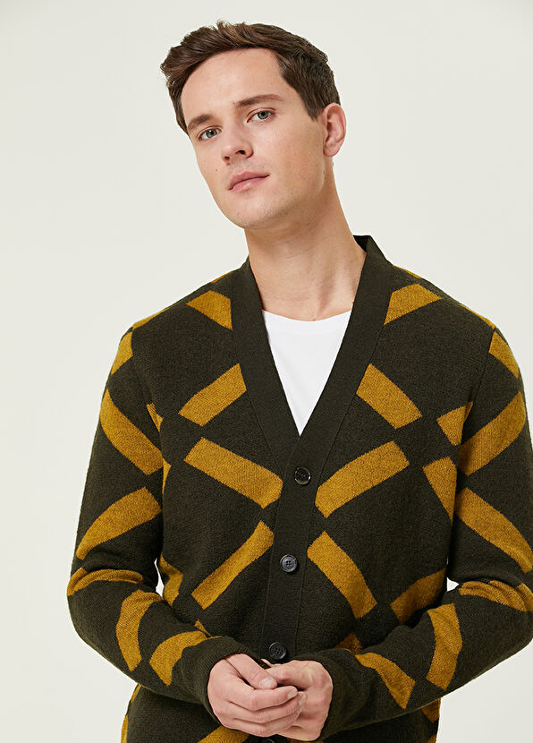 Beymen Club Khaki Geometric Jacquard Wool Felt Knit Cardigan - 2