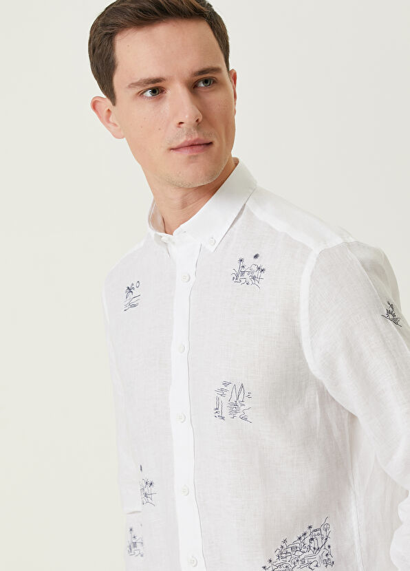 Beymen Club Comfort Fit White Landscape Embroidered Linen Shir - 2
