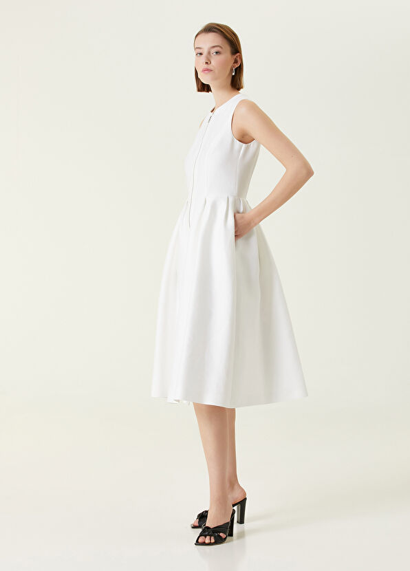 Dice Kayek Beyaz Kadın Beyaz Beli Büzgü Detaylı Midi Elbise 1385417