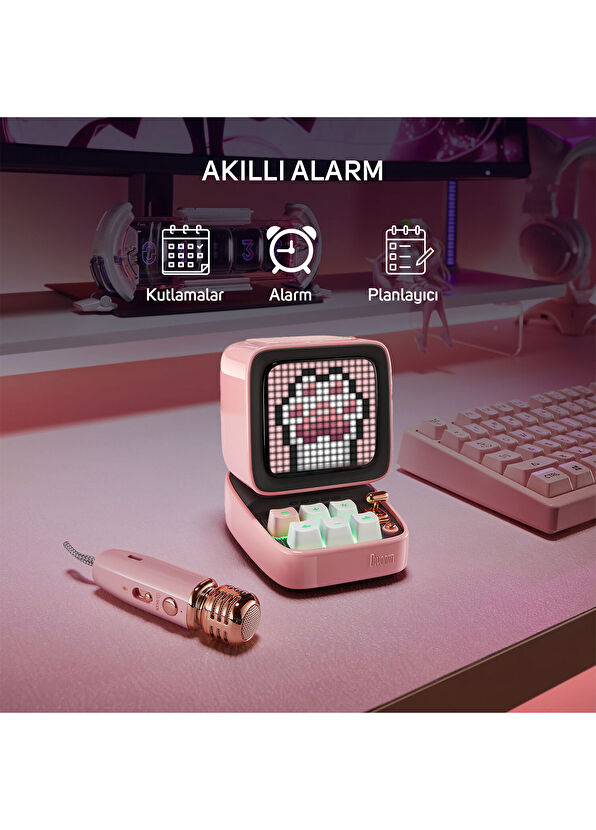 Divoom Ditoo-5M Pembe Kablosuz Uyarlanabilir Piksel Ekranlı Taşınabilir Karaoke Mikrofonlu Bluetooth Hoparlör - 4