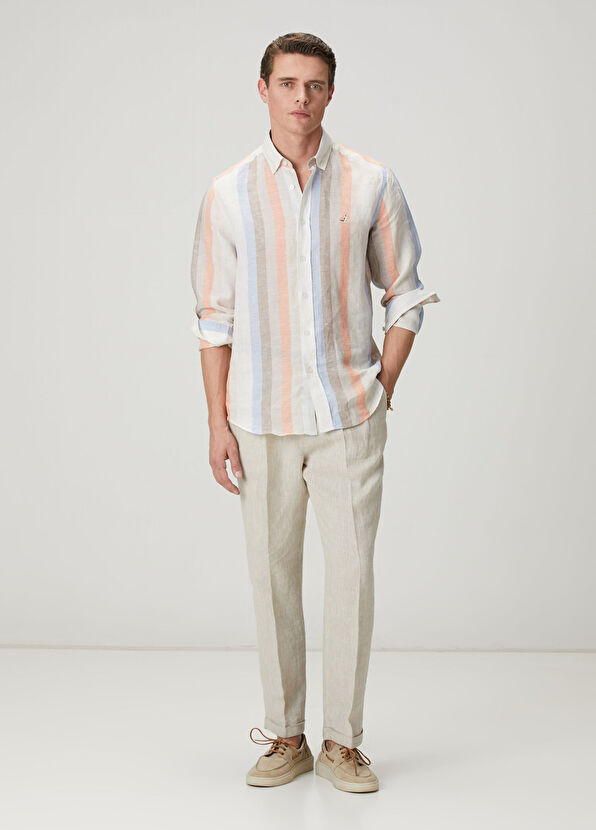 Beymen Club Comfort Fit Mink Stripe Linen Shirt - 3
