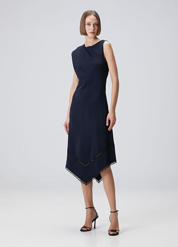 Lacivert Asimetrik Midi Elbise - Görsel 5