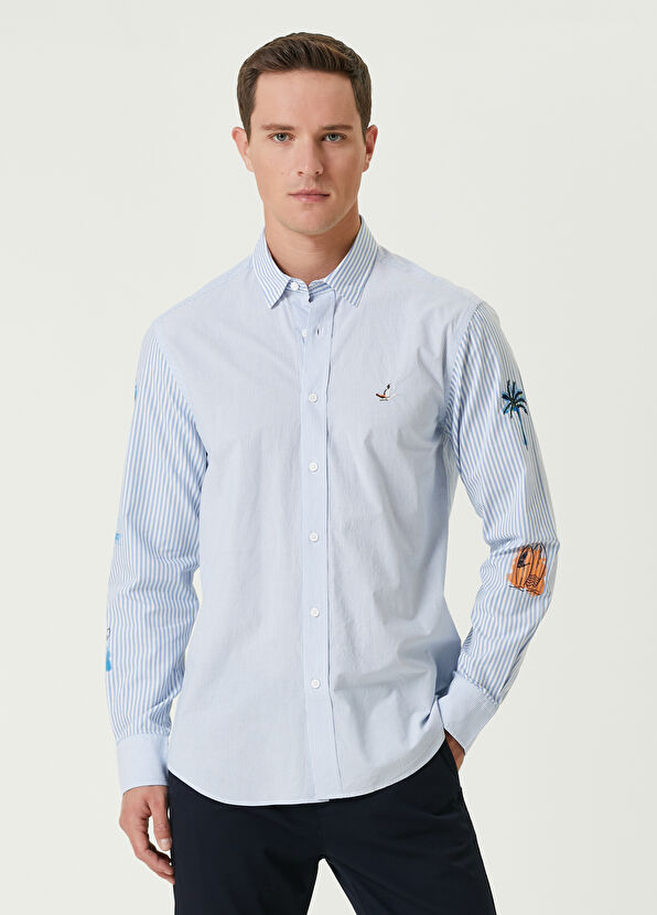 Beymen Club Comfort Fit Blue Striped Sleeves Printed Shirt - 1