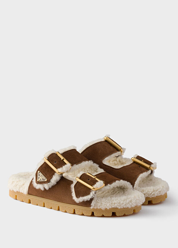 Prada Shearling Brown Suede Women's Slippers - 2