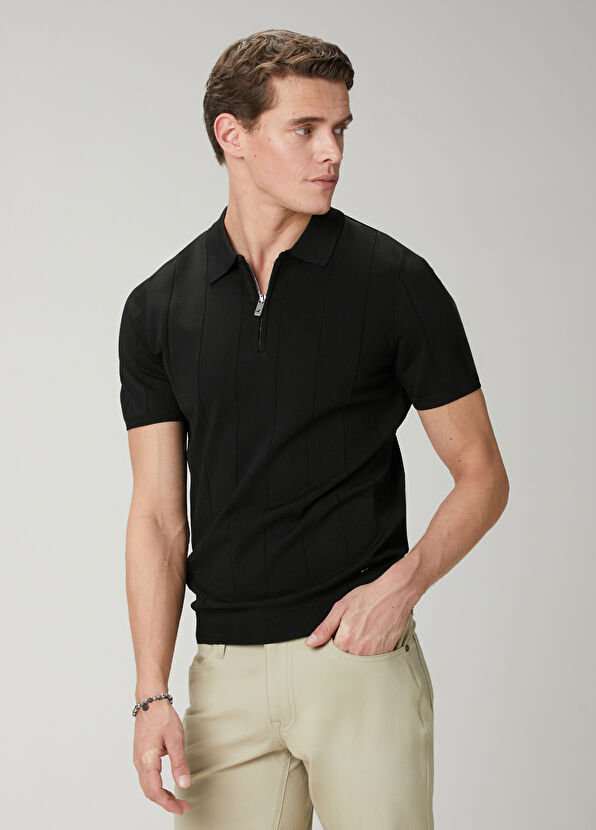 Beymen Club Siyah Polo Yaka Örgü Detaylı Triko - 4