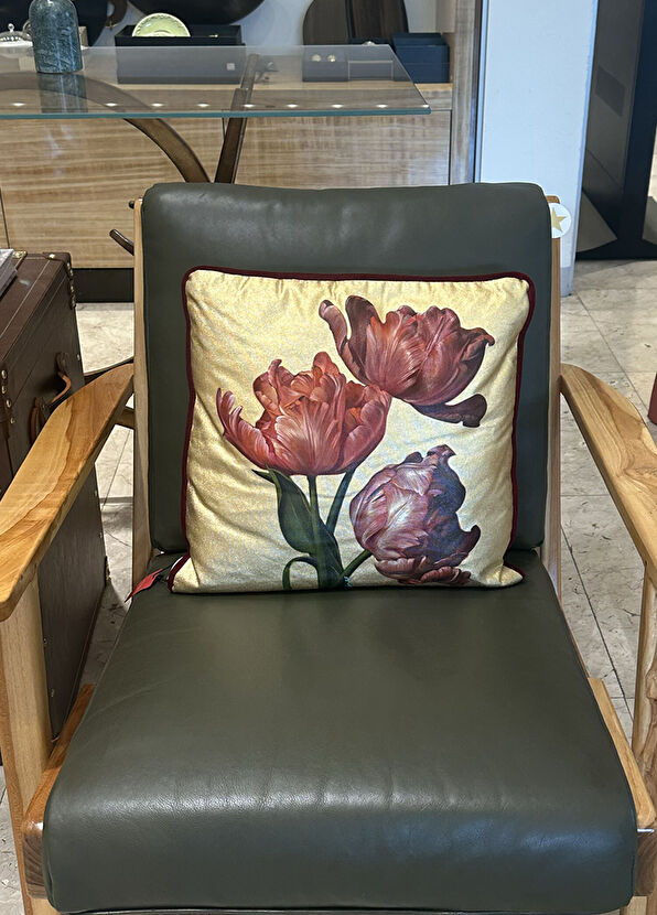 Elif Erdem Gold Tulip Patterned Linen Decorative Throw Pillow 45 x 45 cm - 4