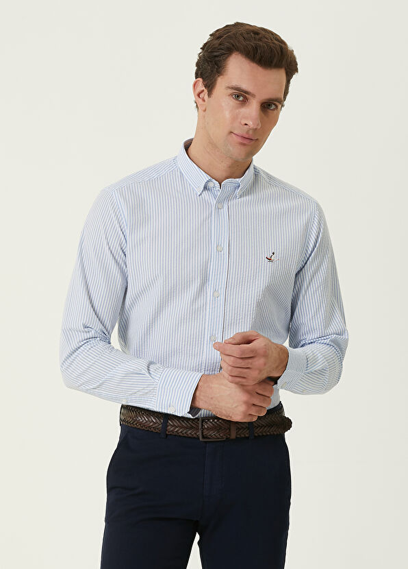 Beymen Club Comfort Fit Light Blue Thin Striped Waffle Shirt - 1