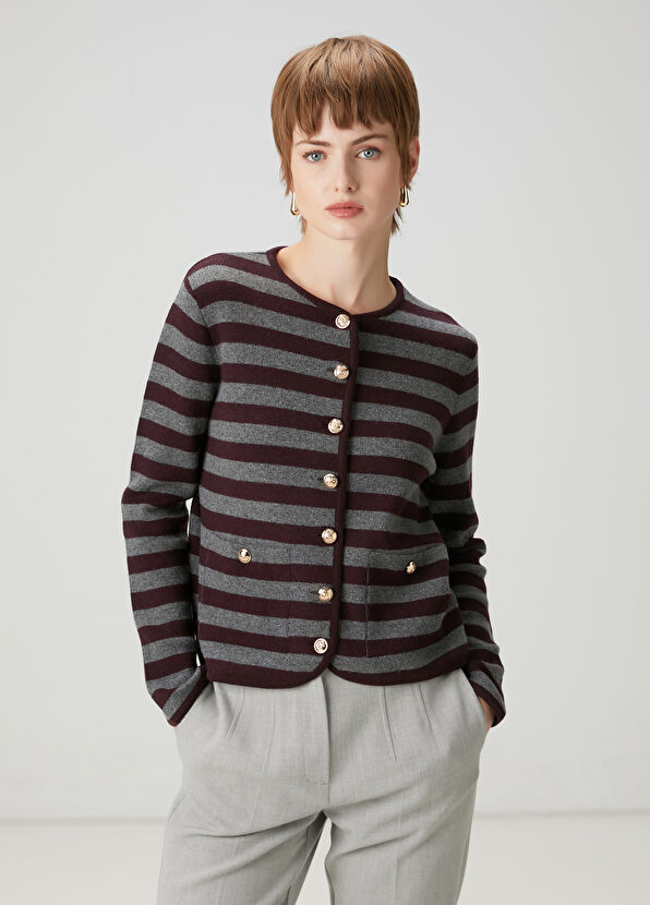 Beymen Club Grey Burgundy Striped Knit Jacket - 1