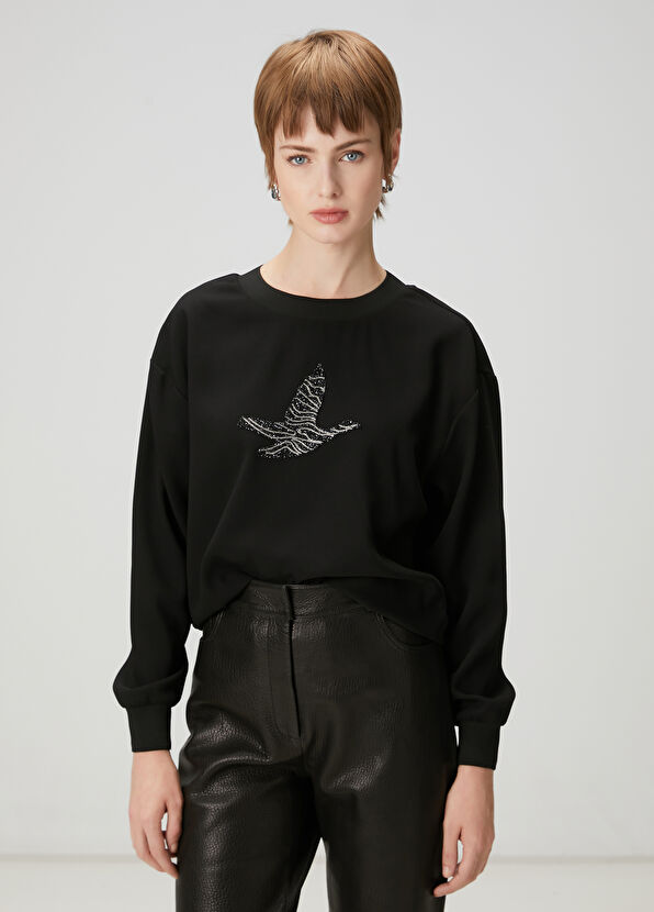 Beymen Club Siyah İşlemeli Logolu Krep Bluz - 1