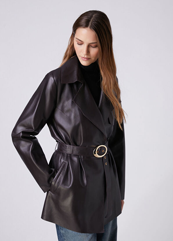 Beymen Club Plum Short Leather Trench Coat - 4