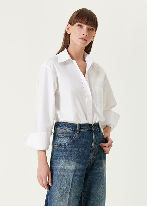 Victoria Beckham Beyaz Cropped Gömlek - 1