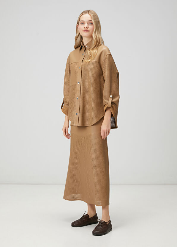 Beymen Club Aline Leather Skirt With Dark Beige Perforated Det - 2