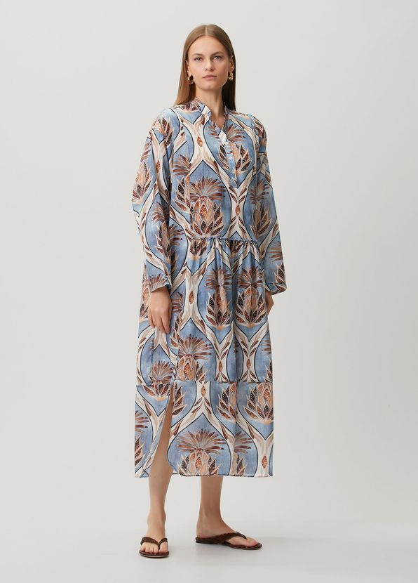 Nefes İstanbul India Artichoke Flower Denim Mavi Midi Elbise - 2