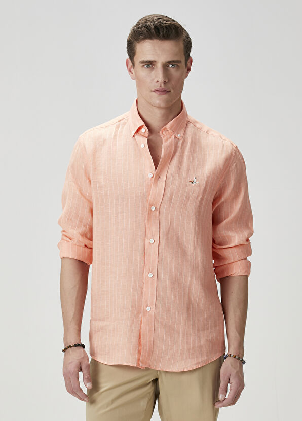 Beymen Club Comfort Fit Apricot Striped Linen Shirt - 2
