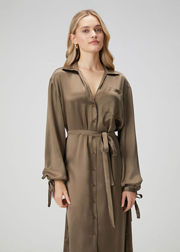 Beymen Club Khaki Midi Silk Satin Dress - 2