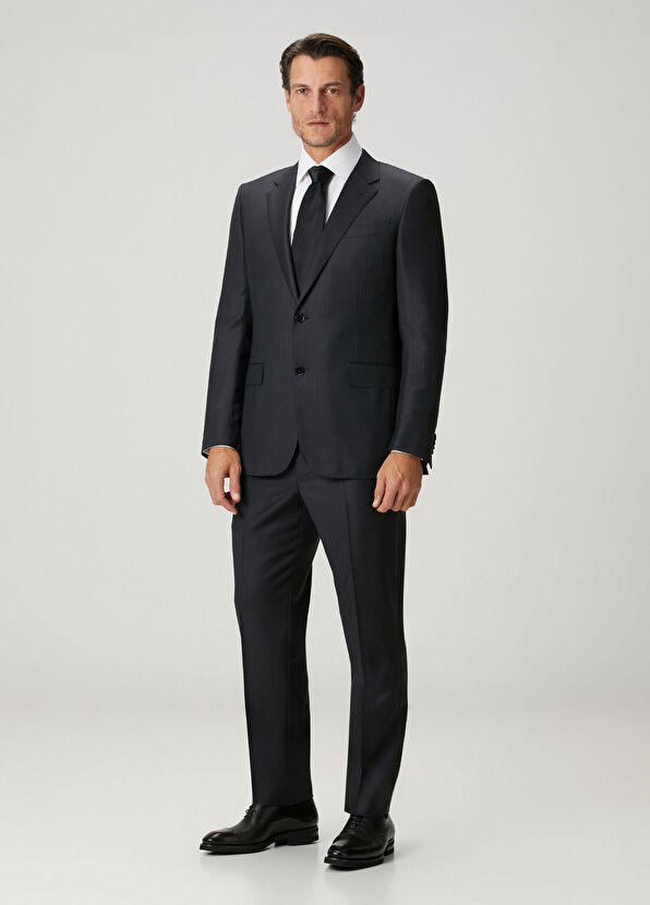 Lacivert Çizgi Desenli Yün Takım Elbise - Görsel 5