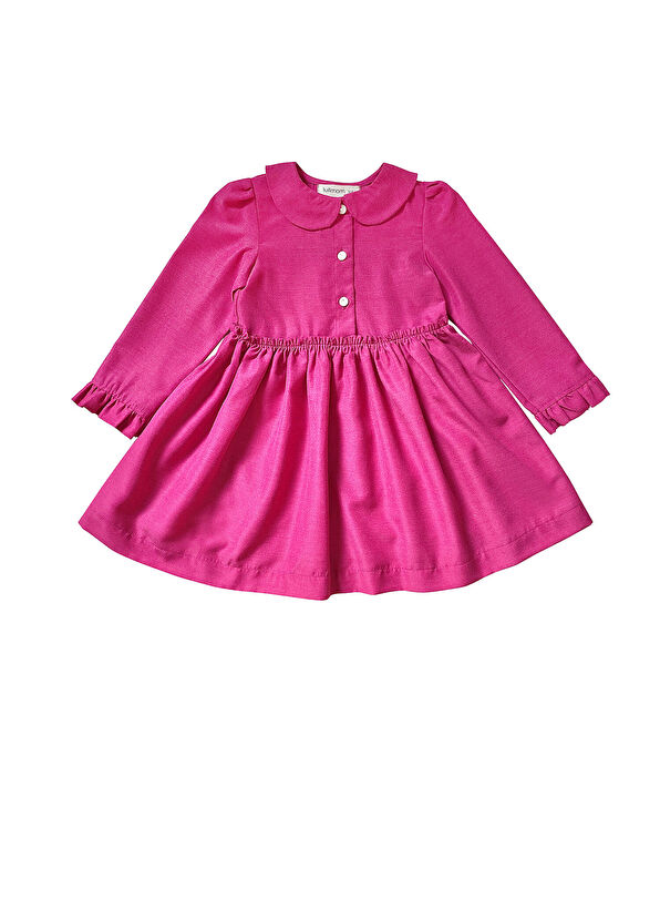 Lullmom Fuşya Fırfır Kol Detaylı Uzun Kollu Kız Çocuk Elbise - 1