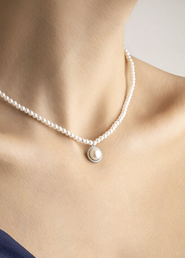 So Chic Vintage Pearl Silver Minimal 18K White Gold Plated Women's Necklace - 2