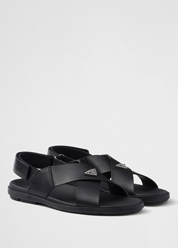 Prada Black Leather Cross Band Men's Slippers Sandals - 2