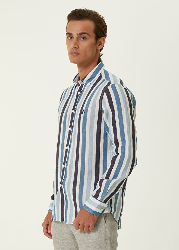 Beymen Club Comfort Fit Mavi Kalın Çizgi Desenli Keten Gömlek - 3