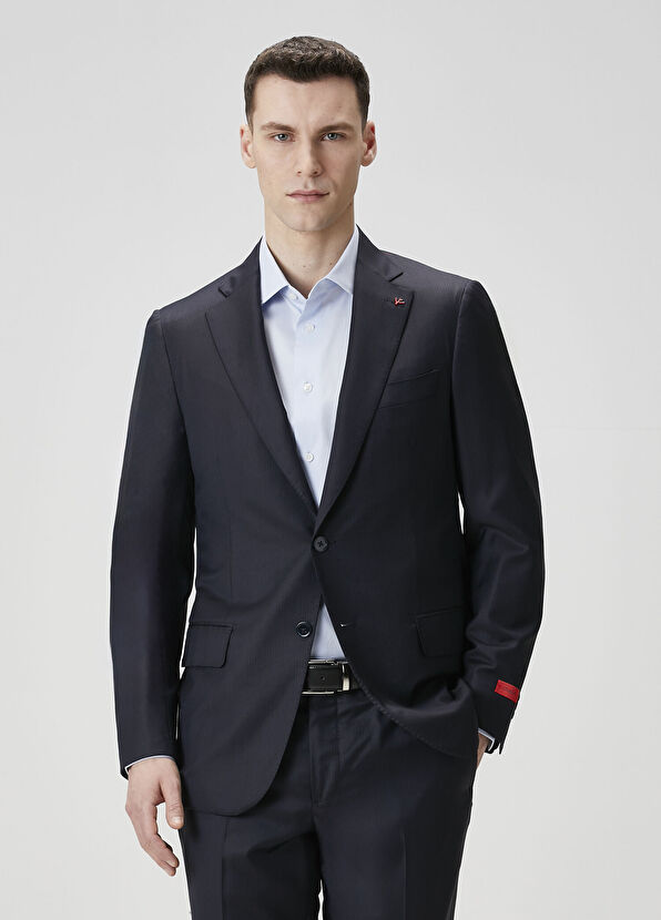 Koyu Lacivert Çizgi Desenli Yün Takım Elbise - Görsel 3