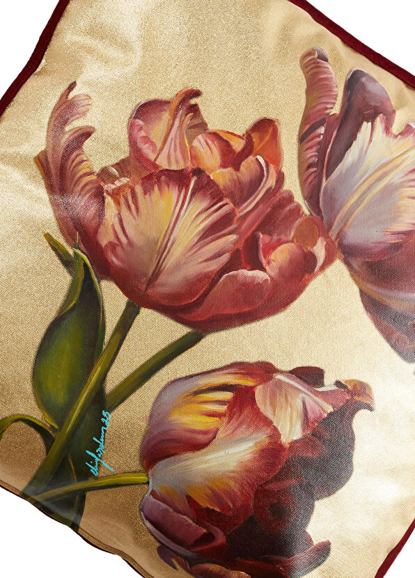 Elif Erdem Gold Tulip Patterned Linen Decorative Throw Pillow 45 x 45 cm - 3