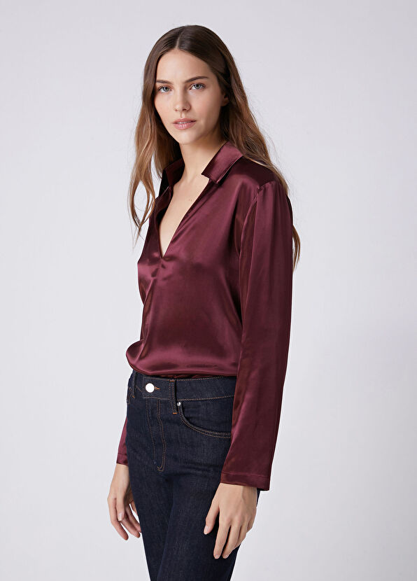 Beymen Club Burgundy Polo Satin Blouse - 1
