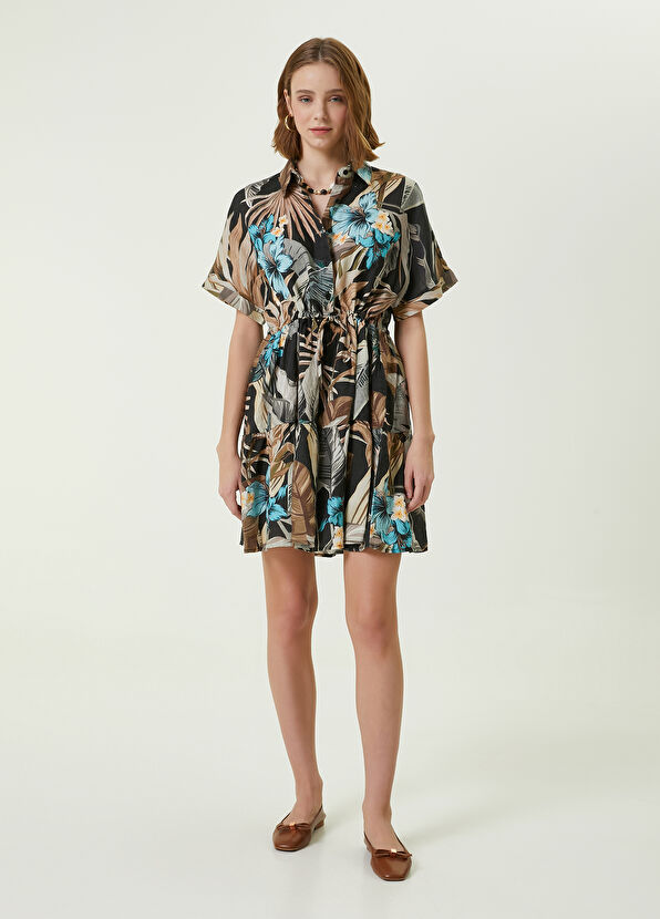 Beymen Club Siyah Tropikal Desenli Mini Keten Gömlek Elbise - 1