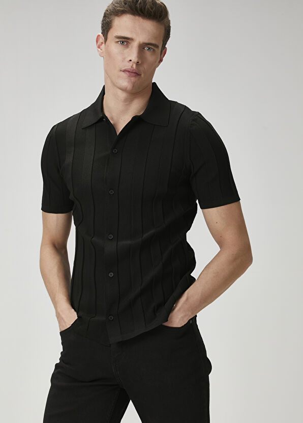 Beymen Club Siyah Polo Yaka Dikey Örgü Dokulu Kısa Kollu Triko - 1