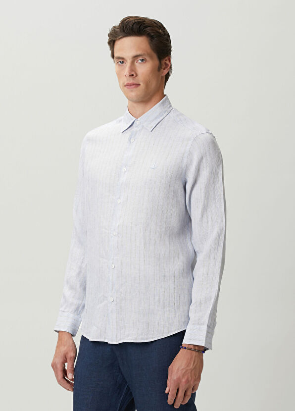 Beymen Club Regular Fit Mavi Çizgi Desenli Keten Gömlek - 4