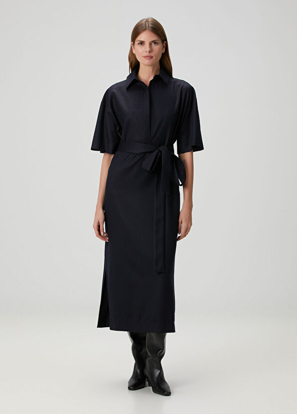 Sa Su Phi Navy Blue Midi Wool Shirt Dress - 1