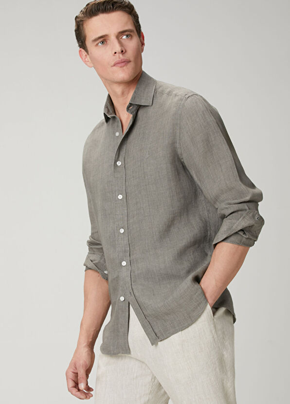 Beymen Club Comfort Fit Italian Collar Delave Linen Shirt - 1