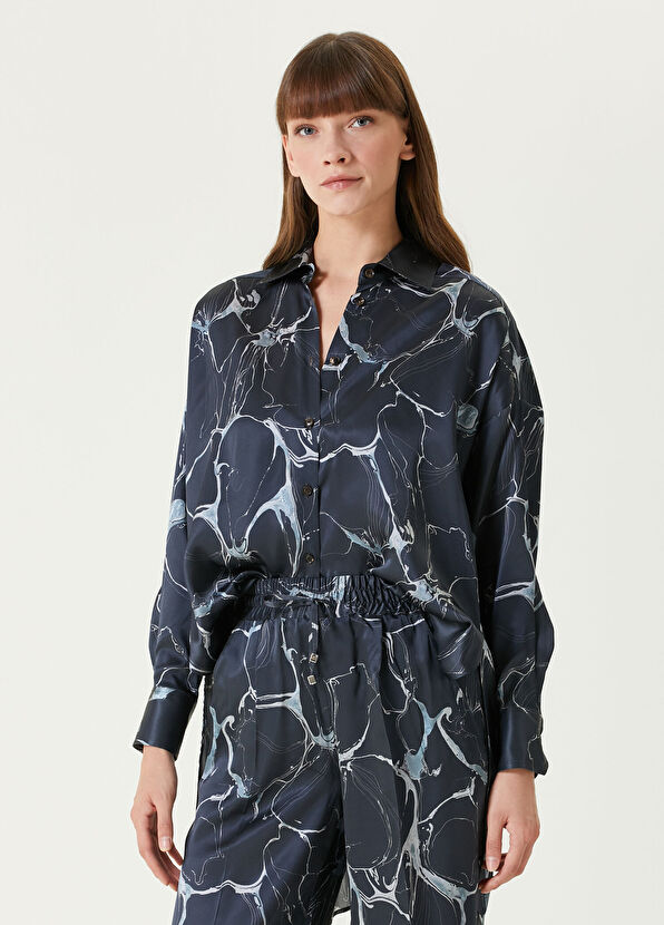 Kiton Mavi Desenli İpek Gömlek - 1