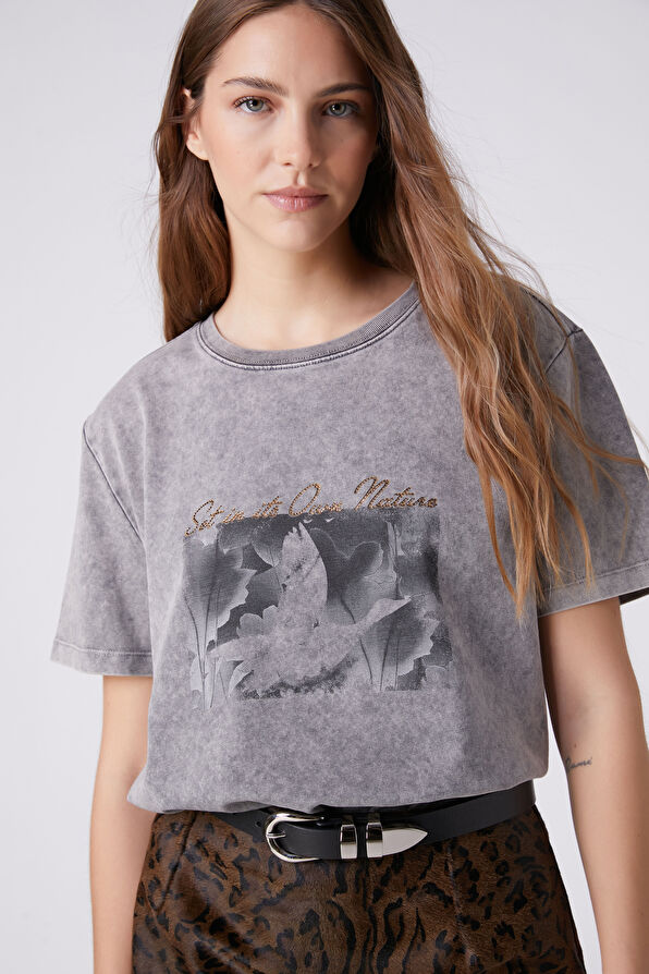 Beymen Club Gri Baskılı Asit Yıkamalı T-shirt - 4