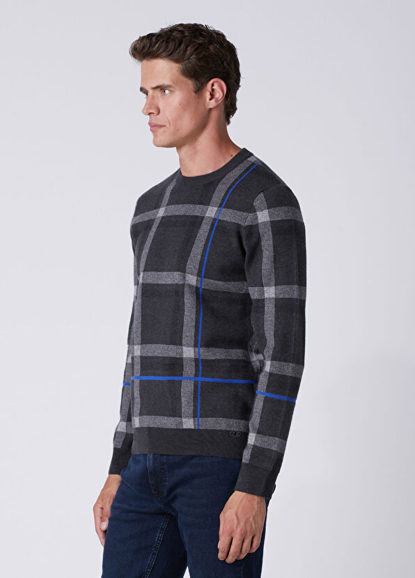 Beymen Club Anthracite Plaid Patterned Sax Striped Sweater - 4