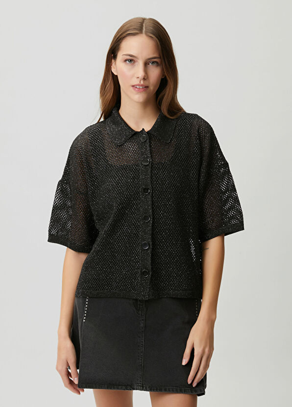 Beymen Club Anthracite Glitter Openwork Polo Sweater - 4