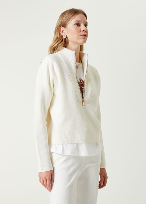 Beyaz Fermuarlı Yün Kazak Beymen Club Beyaz Fermuarlı Yün Kazak - 4