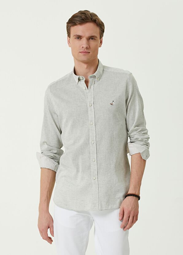 Beymen Club Slim Fit Khaki Herringbone Linen Shirt - 1