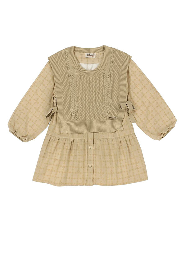 Patique Kids Beige Brode Knitwear Sweater Cotton Girl's Dress - 1